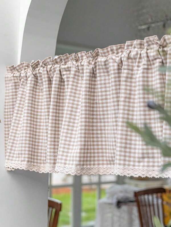 1pc Farmhouse Style Plaid Pattern Linen Short Curtain, Unique Crochet Lace Trim Decor, Cafe Style Curtain With Rod Pocket Top, Suitable For Kitchen & Bathroom Windows