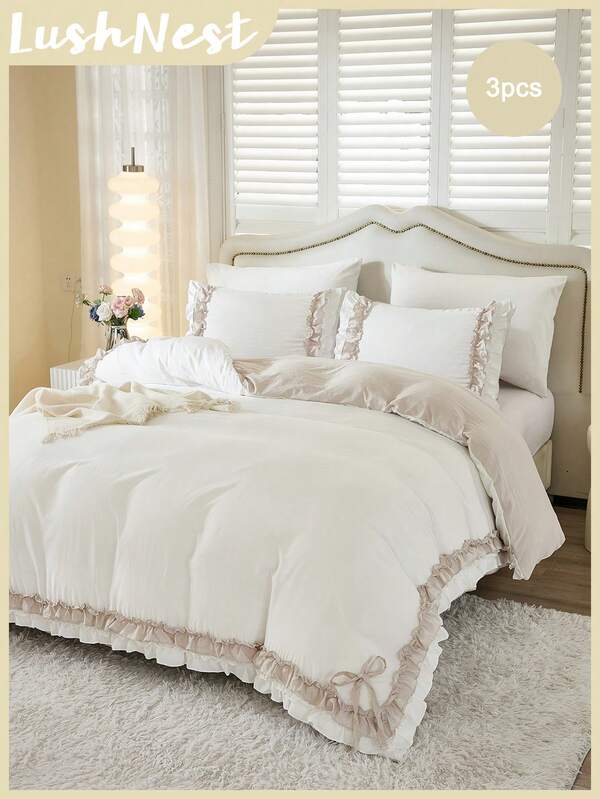 3pcs Cute Bow Ruffled Duvet Cover Set (1 Duvet Cover + 2 Pillow Shams, Comforter Not Included), Vintage Elegant Style Bedding, Bedroom & Room Decor, Ideal Gift, Shabby Chic Home Textile