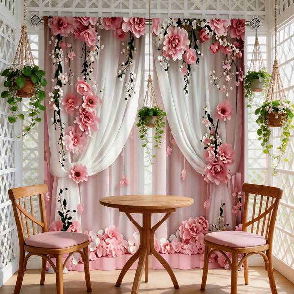 2 Pcs Floral Patterned Curtains For Home Textile, Fade Resistant, Machine Washable Polyester, With Rod Pocket Design, Suitable For Bedroom, Living Room, Classroom Decoration