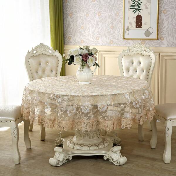 HXARTMIS 1pc Lace Embroidered Round/Rectangular Tablecloth, Elegant Floral Embroidered Table Cover, Vintage Tulle Mesh With Lace Trim, Suitable For Home, Wedding, Living Room, Kitchen And Other Decoration
