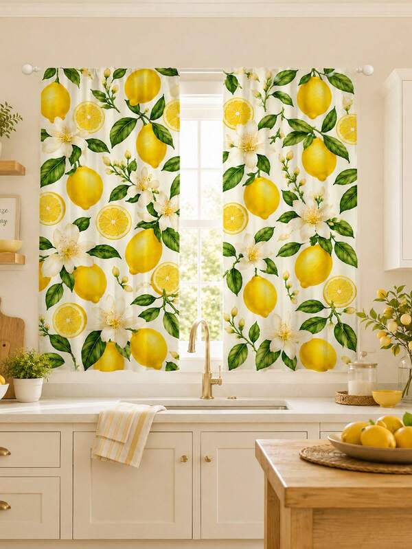 2pcs, Printed Rod Blinds, Polyester Semi-Blackout Blinds, Lemon Floral Pattern, Fresh And Pastoral Style, Suitable For Dormitory, Kitchen, And Room Decoration, Window Curtain Panels, Applicable To Living Room, Bedroom, Balcony, And Kitchen.
